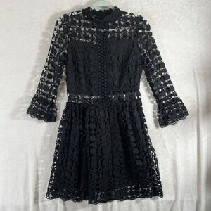 Women's Black Crotchet Lace Flared Sleeve Dress Partially Lined Eilly Bazar - M